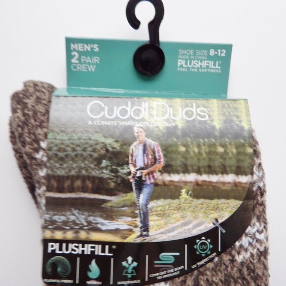 Cuddl Duds Mens ClimateSmart Plushfill Crew Socks 2 Pairs Java Brown & Pattern - Picture 4 of 7